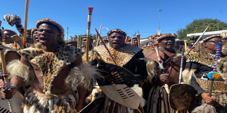 AmaZulu warriors singing songs ahead of the coronation ritual.